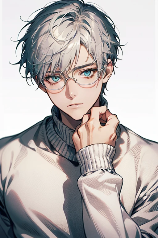 ((Masterpiece, Highest Quality)), Detailed Face, 1boy, young boy, white sweater, turquoise eyes, (((Top Quality))), Short hair, Shaved whiskey,Spits, white colored hair, Stylish glasses