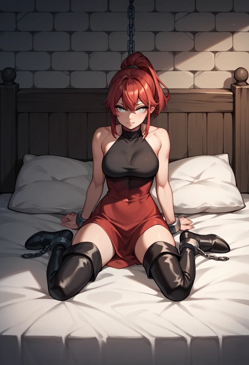 check_9, check_8_up, check_7_up, check_6_up, check_5_up, check_4_up, source_Anime, 1 girl,Bed, red hair, ponytail, white eyes, language, WW chain, shackles, black shirt, Red dress, sexy pose, black thigh-high boots, night, dungeon, Best quality, better resolution, 4k uhd,