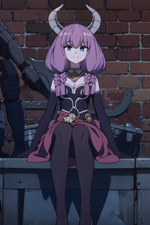 ((Best quality))), ((Ultra-detailed)), ((illustration)), ((Disheveled hair)), ((frilld)), (1 girl), (Solo),
1girl, brick_wall, flower, looking_at_viewer, solo, rating:safe, bangs, black_bow, black_footwear, black_gloves,blue_bow,blue_shirt, blue_skirt, blunt_bangs, boots, bow, brown_legwear, brown_pantyhose, closed_mouth, clothing, corset, dress_shirt, eyebrows_visible_through_hair, female, footwear, gloves, knee_boots, legwear, long_hair, long_sleeves, miniskirt, pantyhose, shirt, sitting, skirt, smile, straight_hair, very_long_hair, blurry
pink hair,grey hair,Horns