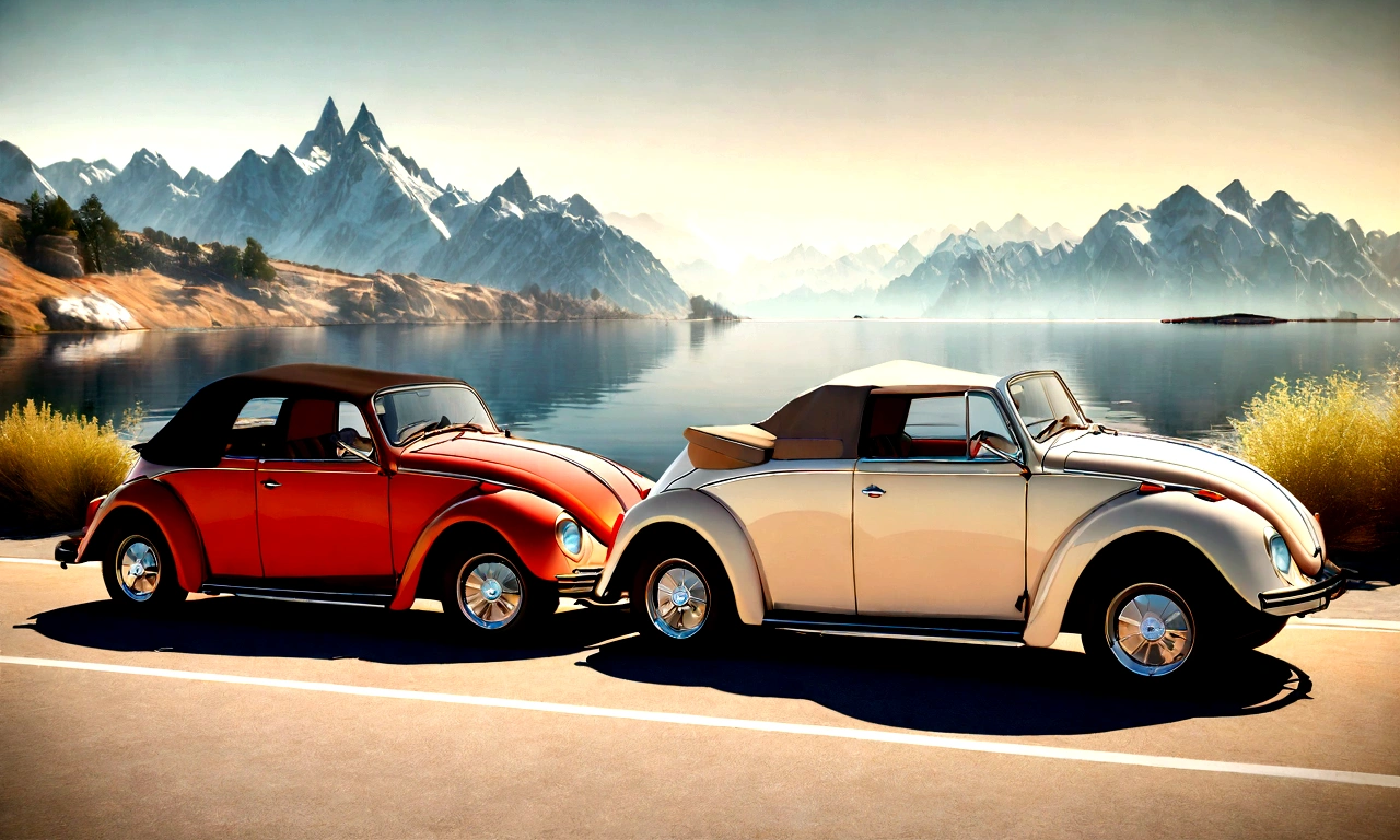 A captivating 3D rendering of two iconic VW cars, the classic Beetle (closed roof) and the Super Beetle (convertible), elegantly positioned side by side. The vintage Beetle, adorned with its signature round headlights and a warm beige exterior, stands out against the vibrant, angular design of the Super Beetle, which features a bright, eye-catching color. The background reveals a vast, open landscape with majestic mountains in the distance, creating a feeling of grandeur and nostalgia. The cinematic ambiance of the image, combined with the stunning 3D rendering, evokes a sense of timeless beauty and automotive history., photographic, cinematic, 3D rendering