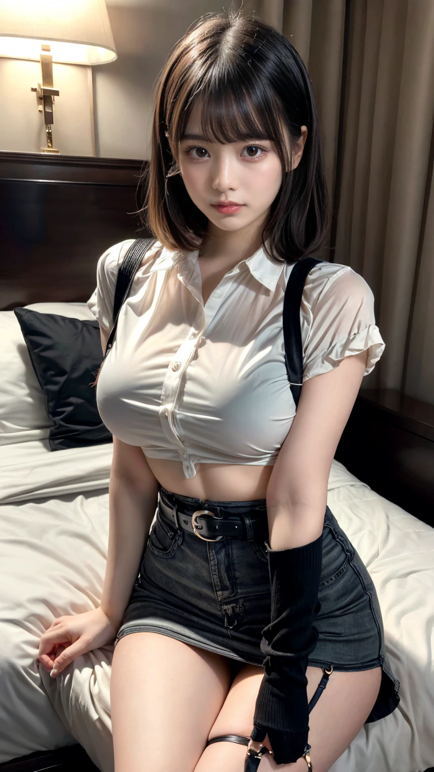 masterpiece, best quality, illustration, Super detailed, fine details, High resolution, 8K,wall paper, perfect dynamic composition,(Details High quality, realistic depiction of eyes:1.3), (Fashionable, a belt black suspenders, Aside Cutter Shirt, a miniskirt, garterbelts), short bob hair, large breasts, black hair color, Big Natural Color Lip, (perfect body shape), crying a little、Harajuku style、20 year old girl、beautiful legs, hotel room, Gravure Idol, Voluptuous thighs, (woman on top, straddling, sitting)