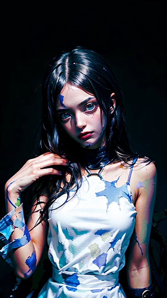 sexual girl, slutty, ugly man, multiple boys, gangbang, monster, horror, black hair, slender body, blue eyes, mascara, torn clothes