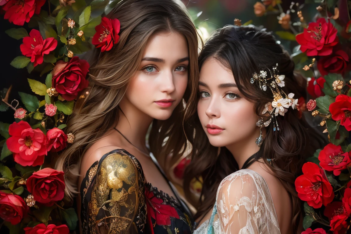 fashion shoot, beautiful caucasian goddess, perfect sweet face and eyes, Alcohol ink, splatter art, multicolor oil painting, Miki Asai Macro photography, long blowing hair, Fantastic Realism and Sharp Focus, Mysterious Filigree Elements, filigree red drops, filigree multicolored flowers, Glowing Accents, fantasy art, watce, golden appear naturally, symmetrical, glowing crystals,Ceramic_Flower