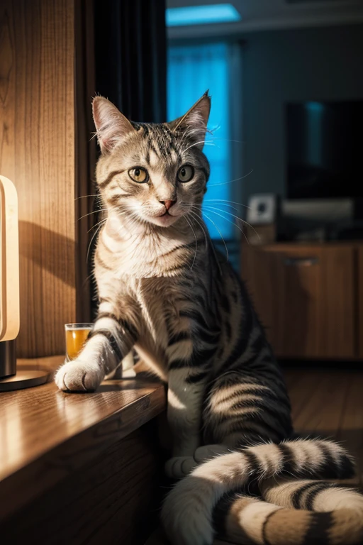 A cat lounges in the room drinking beer. He is looking serenely at the screen. He is holding glass of beer. He's partying, expressing joy