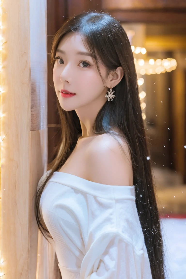 a beautiful girl in a red fluffy off-the-shoulder dress, long flowing hair, snowflake earrings, falling snow, blurred city street background, (best quality, 8k, masterpiece, extremely detailed, 1.5:beautiful girl), (realistic, photorealistic:1.37), detailed eyes, nose, lips, long eyelashes, vibrant colors, cinematic lighting
