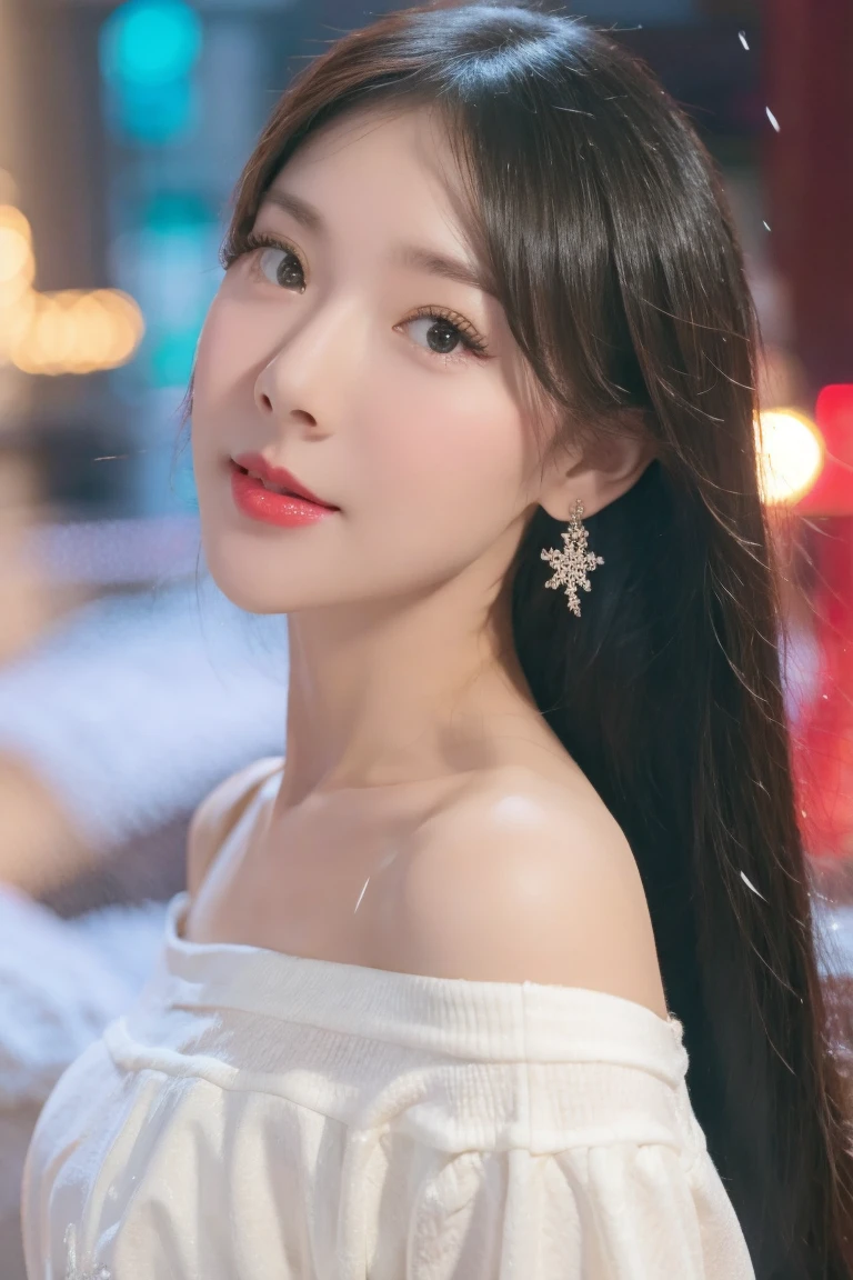 a beautiful girl in a red fluffy off-the-shoulder dress, long flowing hair, snowflake earrings, falling snow, blurred city street background, (best quality, 8k, masterpiece, extremely detailed, 1.5:beautiful girl), (realistic, photorealistic:1.37), detailed eyes, nose, lips, long eyelashes, vibrant colors, cinematic lighting
