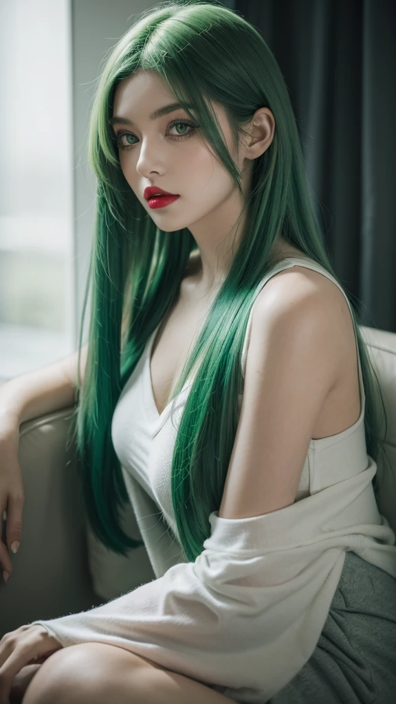 a girl with green hair, green eyes, red lips, wearing gray with green
