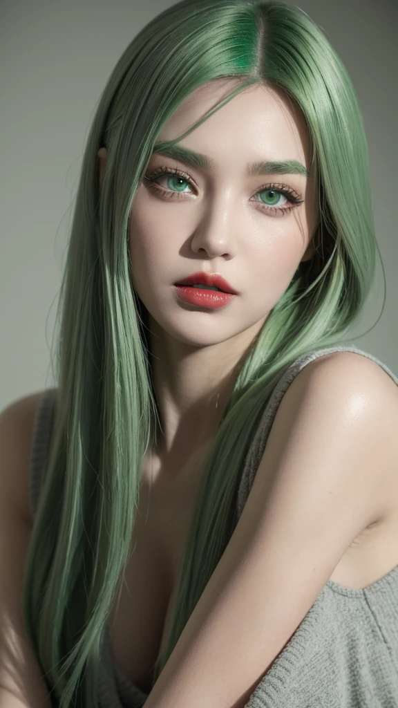 a girl with green hair, green eyes, red lips, wearing gray with green