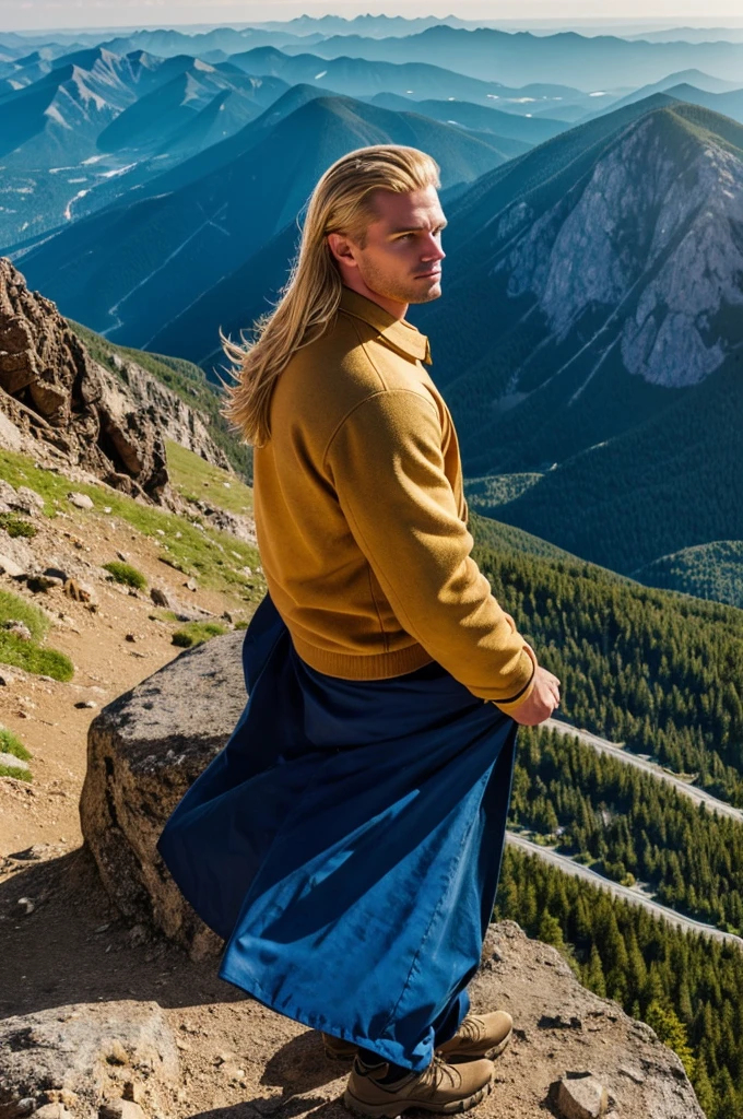 I want you to edit a photo of a strong young man with golden hair on top of a mountain