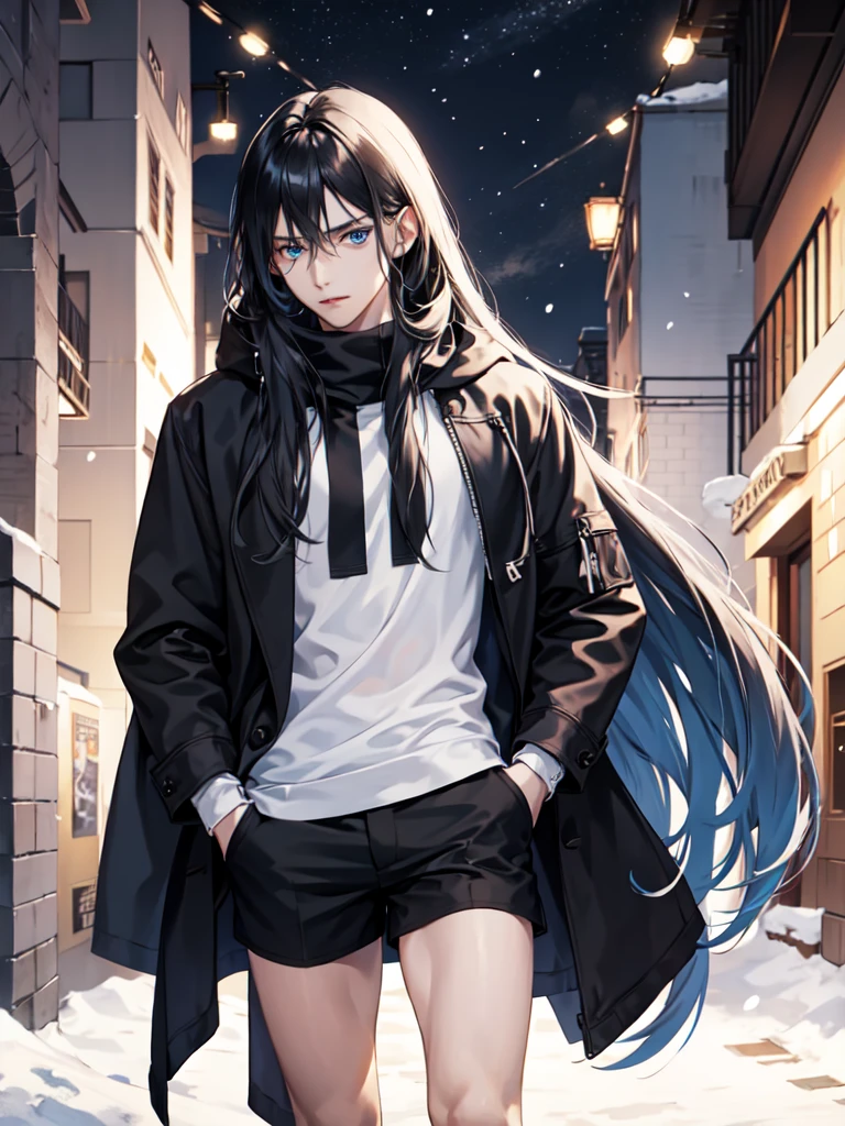 Young man,city,black Hoodie,Snow-white long hair,blue eyes, black thigh shorts,Night, dark alley