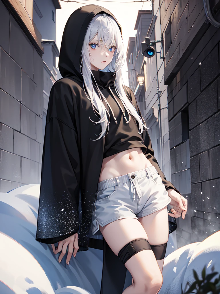 Young man,city,black Hoodie,Snow-white long hair,blue eyes, black thigh shorts,Night, dark alley