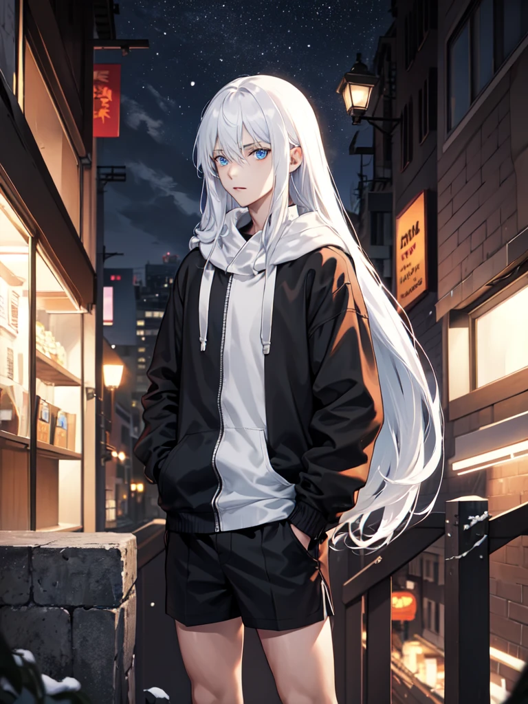 Young man,city,black Hoodie,Snow-white long hair,blue eyes, black thigh shorts,Night, dark alley