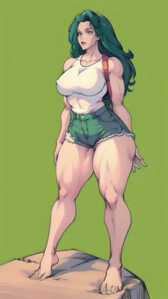 full body in image, full woman, (feet on image), simple hair, green skin, female body, all stars Sneakers,, white micro shorts jeans, shorts jeans, denim shorts, curvy body, large hips, beautiful woman, thicc body, big thighs, voluptuous body, full thick body, dinamic pose, curve body. detalied pose, body, simple background, expressive face, focus on face, line art, sketch