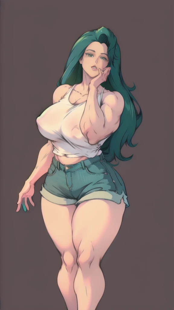 full body in image, full woman, (feet on image), simple hair, green skin, female body, all stars Sneakers,, white micro shorts jeans, shorts jeans, denim shorts, curvy body, large hips, beautiful woman, thicc body, big thighs, voluptuous body, full thick body, dinamic pose, curve body. detalied pose, body, simple background, expressive face, focus on face, line art, sketch
