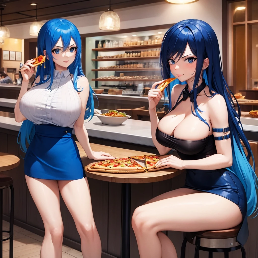 Your influencer character(y milobs) long, blue hair sitting on a restaurant eating pizza. She is dressed in short skirt. and has a lovely expression on her face. colourful and bright colouring.