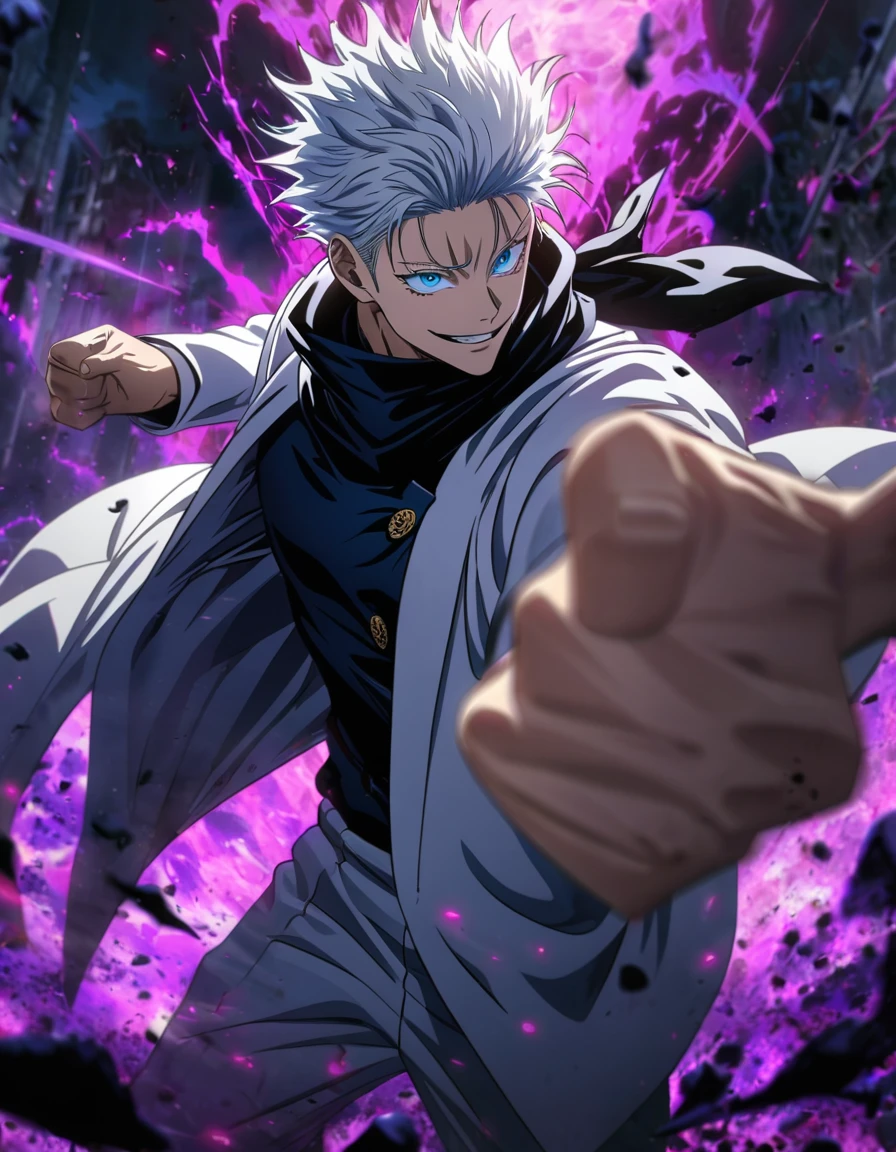 Ultra detailed, highres, absurdres, HDR, Gojou Satoru, white hair with bangs, blue eyes, black scarf, black tight shirt, white haori, Jujutsu Kaisen, handsome, 1 man only, Jujutsu Kaisen uniform, handsome smile, purple aura, fight pose, dynamic positon, bloodshed background, jujutsu kaisen anime style, anime cg style, solo