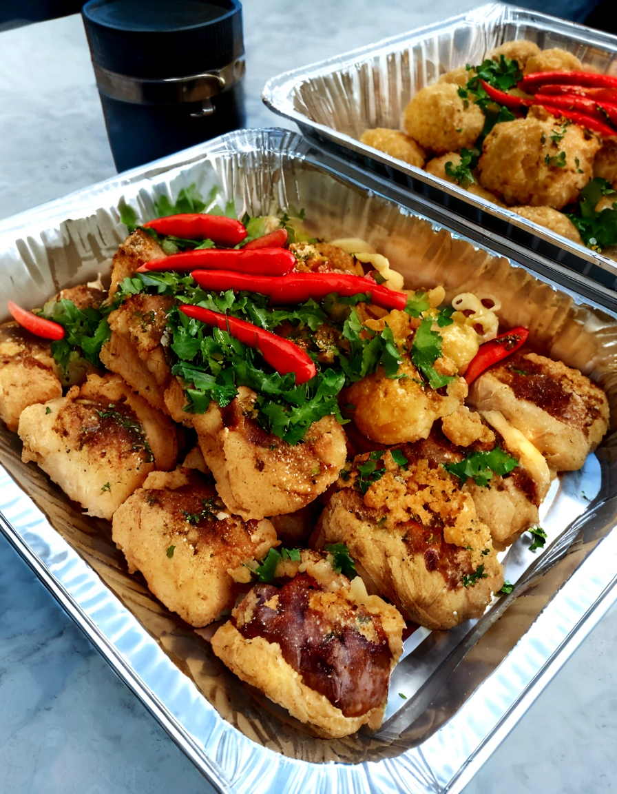 there are two trays of food that are sitting on a table, yummy, stuffed, delicious food, battered, cooked, very tasty, kete butcher, mmmmm, recipe, closeup at the food, yum, hot food, ❤🔥🍄🌪, 8 h, grand finale, hut, celebration, extremely intricate, ready to eat, nugget and sausage on plate