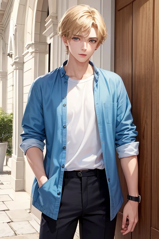 ((best quality)), ((masterpiece)), (detailed), 1boy with fair skin, blond hair and emerald green eyes(in casual clothing)