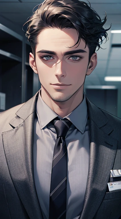 (best quality,4k,8k,highres,masterpiece:1.2),ultra-detailed,(realistic,photorealistic,photo-realistic:1.37),1 man,31 years old,mature man,very handsome,without expression smile in love,short grey black hair,blue grey eyes,penetrating gaze,perfect face without errors,imposing posture,businessman,office background,cinematic lighting,hdr image