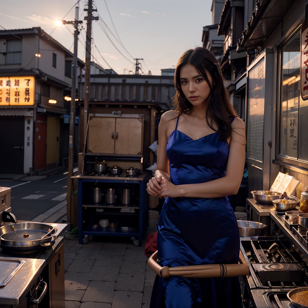 Female supermodel. Satin royal blue evening dress. Dim, soft lighting. Sunset. Sunset. Kappabashi Kitchen Tools Street, Tokyo, Japan.