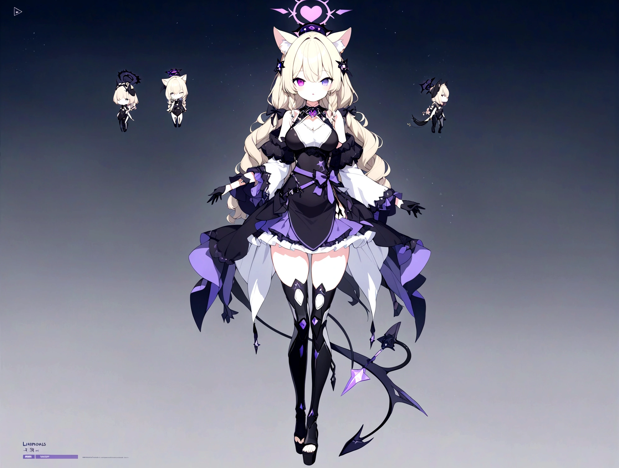1 woman 180 cm tall. (character design sheet: front view). Dark blonde long hair, slim build, wavy hair with hip length curls, has a short central tuft, She has two short braids on the left and right side of her head.. He has black serval ears with gray and purple on the top of his head.. small face. (heterochromia: one gray eye and one purple eye), Has ribbons on the right and left side of the hair. extremely detailed face, Beautiful detailed eyes, beautiful detailed lips. adorable, extremely detailed legs, (Best Quality, 4k, 8k, high resolution), ultra detailed, Exquisite and epic character art.. Black platform heels, Elegant one-piece long dress with ruffle skirt and wide sleeves. Golden gears design on the dress, star and ribbon decorations on the dress. black gloves. gray belt at the waist with a large ribbon and a bright pink heart in the middle. black necklace with heart emblem on the neck. It has a succubus tail with a luminous purple star tip coming out of the bottom of the spine.... (wide hip). Luminous black halo with purple star patterns above his head.... (medium chest size). Thigh High Mechanical Legs in Black and Purple.