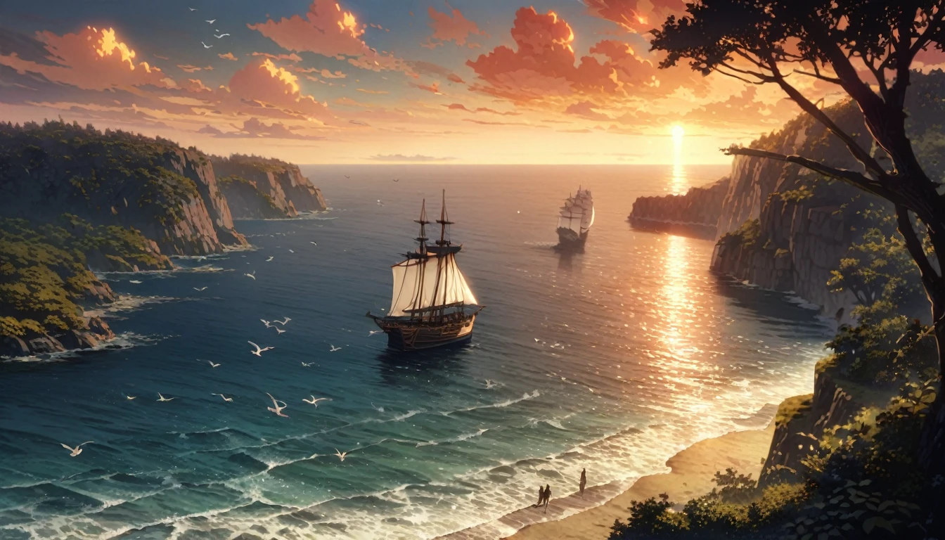 anime aestetics, anime scenery, view from the cliff next to the ocean, large sailing ship at the ocean, red and white sail, blue flag, made of dark brown trees, old ship, traidors ship, calm atmosphere, early mourning, a new dawn, majula, birds flying at the sky, a few orange clouds, little waves, peaceful view, wide shot, atmospheric perspective, perspective, 4K, high quality, best quality, super detail, masterpiece