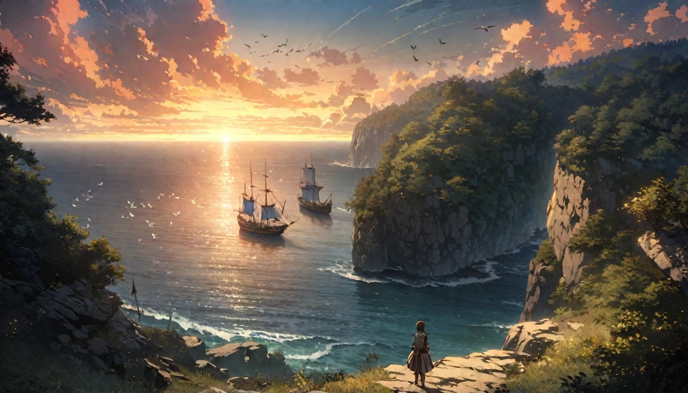 anime aestetics, anime scenery, view from the cliff next to the ocean, large sailing ship at the ocean, red and white sail, blue flag, made of dark brown trees, old ship, traidors ship, calm atmosphere, early mourning, a new dawn, majula, birds flying at the sky, a few orange clouds, little waves, peaceful view, wide shot, atmospheric perspective, perspective, 4K, high quality, best quality, super detail, masterpiece