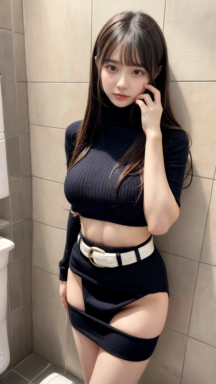 masterpiece, best quality, illustration, Super detailed, fine details, High resolution, 8K,wall paper, perfect dynamic composition,(Details High quality, realistic depiction of eyes:1.3), restroom, (urinal), (very tight cashmere high neck sweater、Perfect fit to your body line、tight mini skirt、belt), Tight clothes, , medium breasts, black hair color, Big Natural Color Lip, bold sexy pose, (perfect body shape), Do gal makeup, sexy face, Harajuku style、20 year old girl、cute type、ta、beautiful legs, hposing Gravure Idol