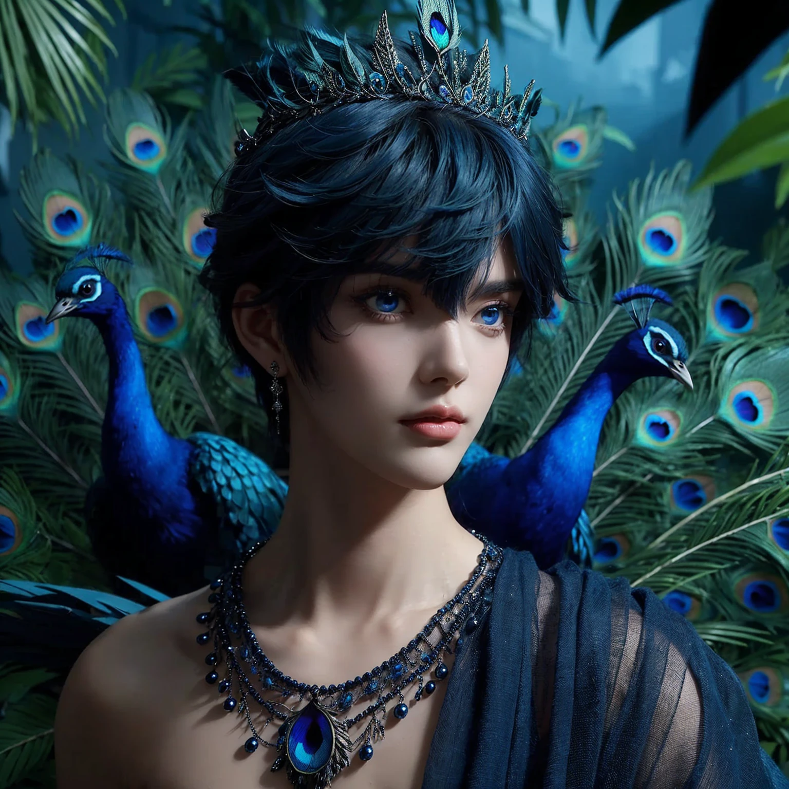 Handsome boy, dark blue hair, dark blue eyes, dark blue peacock feather crown, dark blue feather peacock necklace, dark blue clothes, dark blue peacock