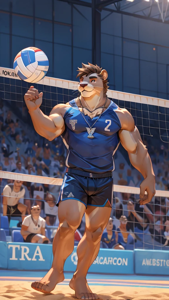 a male furry sea lion who is only wearing short shorts, has his body uncovered and is in a volleyball stadium as he is playing. He wears a necklace with a K pendant