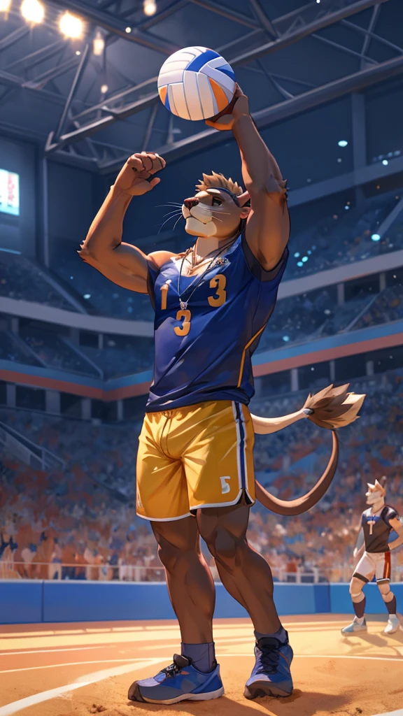 a male furry sea lion who is only wearing short shorts, has his body uncovered and is in a volleyball stadium as he is playing. He wears a necklace with a K pendant