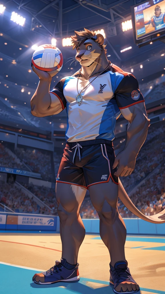 a male furry sea lion who is only wearing short shorts, has his body uncovered and is in a volleyball stadium as he is playing. He wears a necklace with a K pendant