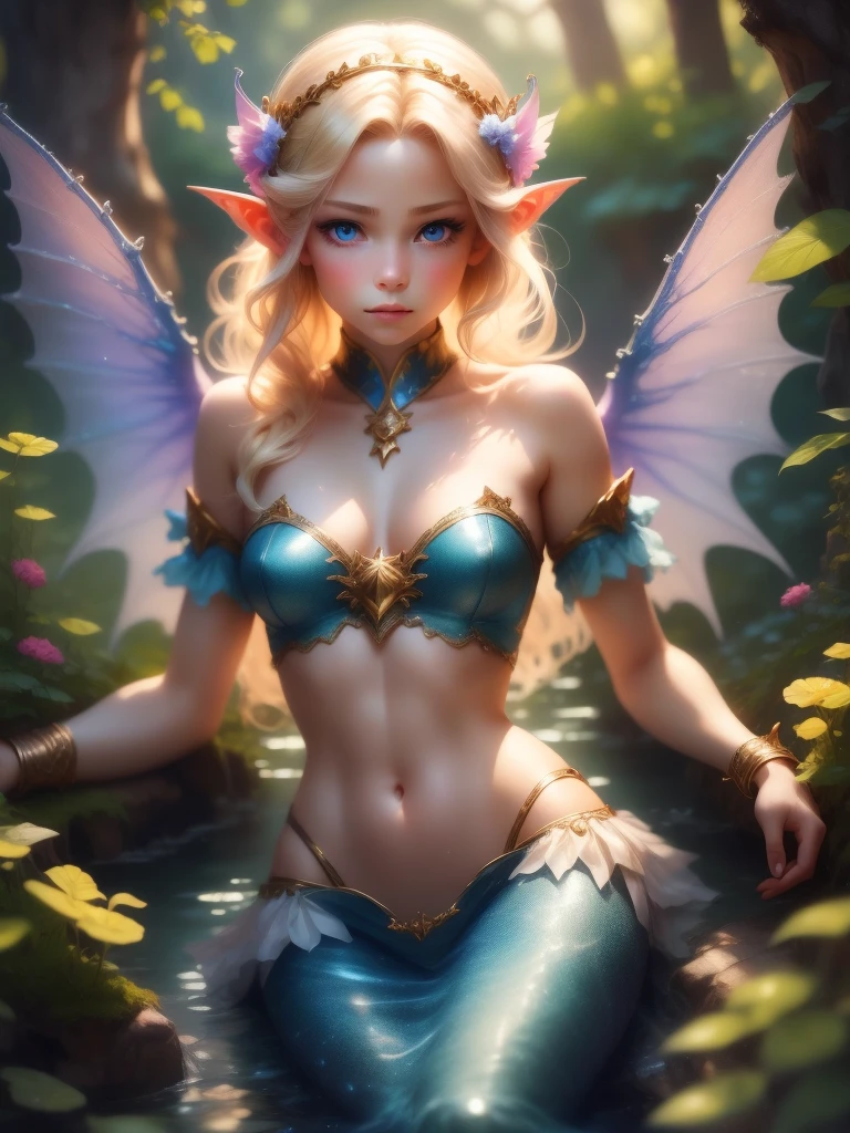 Blonde woman with blue eyes 、girl mermaid wings on back pointed ears wings、realistic beautiful face、8K portrait rendering、realistic beautiful face、beautiful realistic face、Photorealistic anime girl rendering、surreal beautiful face、8K realistic digital art、realistic digital art 4k、realistic digital art 4k、highly realistic digital art,{{{{dynamic angle whole body}}}},{{{{dynamic angle whole body}}}}