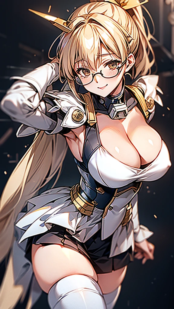 Gray translucent armor，Arm mecha，blonde short hair，Long ponytail hairstyle，Large Breasts，Cleavage，Pistol hanging from waist，fighter pilot，fighter hangar，Sexy，Lipstick，miss，Golden Eyes，stockings，Short skirt，Smile，red glasses