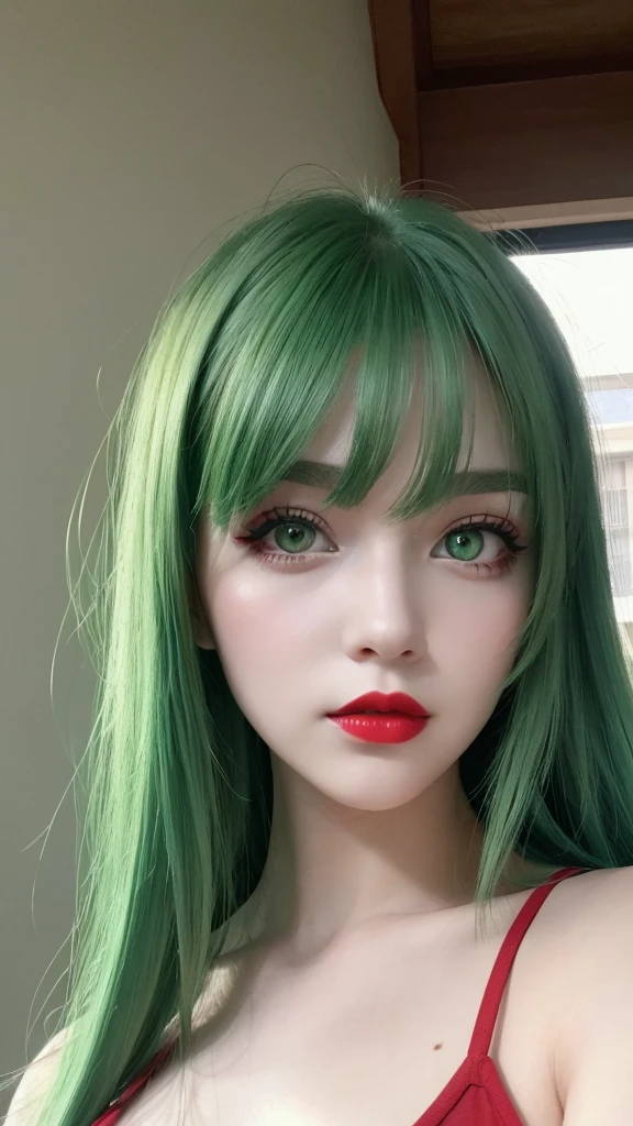 a girl with green hair, green eyes, red lips, wearing gray with green