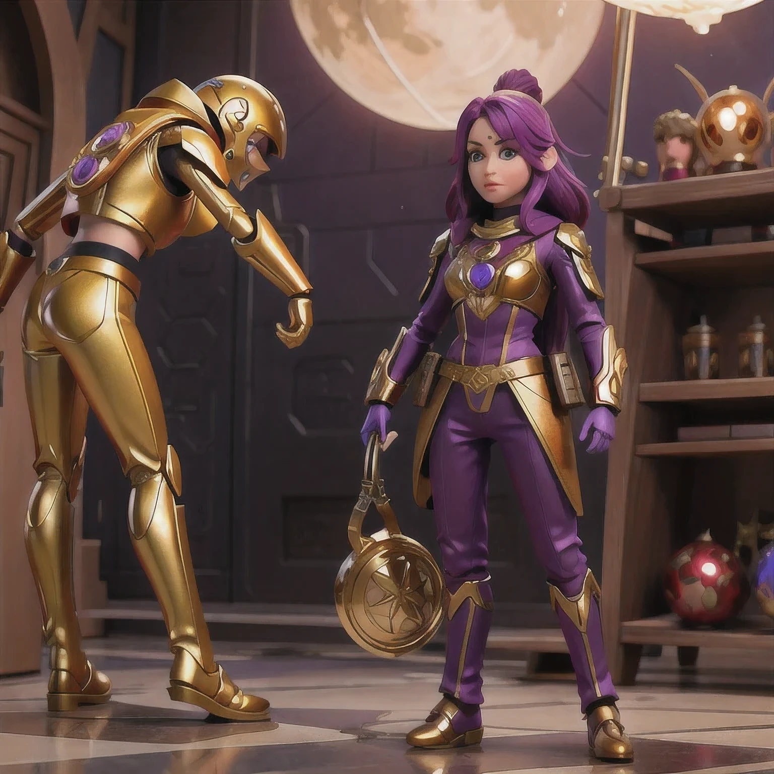 Close up of purple and gold toys, Super detailed fantasy characters, Science Fiction Characters render, detailed humanoid, Star Pathfinder Characters, Science Fiction Characters, Science Fiction Characters, humanoid character, very detailed character, Color Rendering, 3D Rendering Character Art 8K, Alien Armor, safi'jiiva armor, Marmoset Rendering