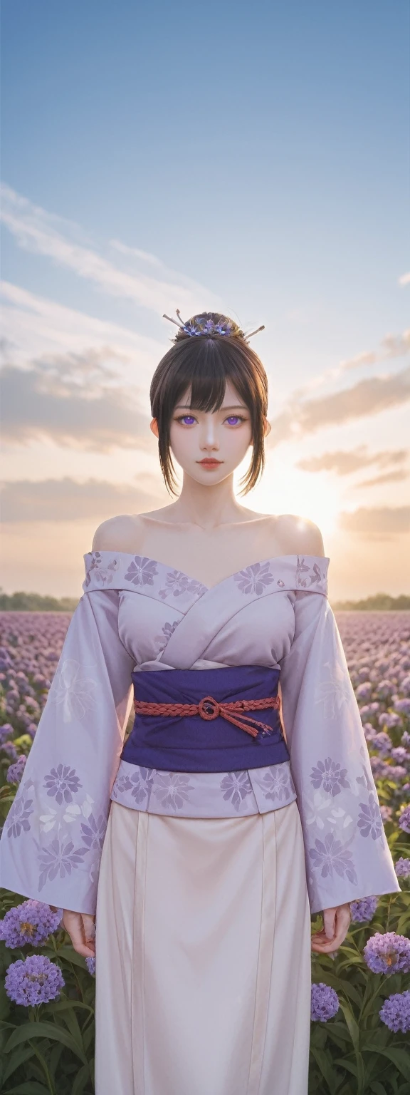 realistic,score_9, score_8_up, score_7_up, 
Ultra detailed backgrounds，delicate patterns，Complicated details，Kochou Shinobu，O cabelo multicolorido，No bangs，hair intakes，Purple eye，haori，butterflys，obi strip，trpical garden，purple flower，mostly cloudy sky，rays of sunshine，Tyndall effect，Gradient_sky，the face，beautiful sky，Saber on the waist，captivating posture，Large breasts，Off-the-shoulder attire
