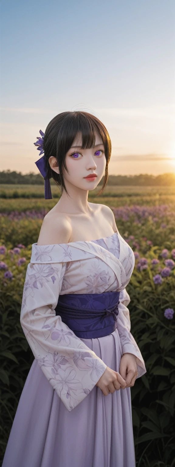 realistic,score_9, score_8_up, score_7_up,
Ultra detailed backgrounds,delicate patterns,Complicated details,Kochou Shinobu,O cabelo multicolorido,No bangs,hair intakes,Purple eye,haori,butterflys,obi strip,trpical garden,purple flower,mostly cloudy sky,rays of sunshine,Tyndall effect,Gradient_sky,the face,beautiful sky,Saber on the waist,captivating posture,Large breasts,Off-the-shoulder attire