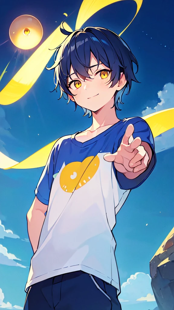 [(SUMMER night BACKGROUND:1.5),::5], ((((masterpiece)))), high quality, very_high_resolution, large_filesize, upper body, full color, ((Solo)), ((little boy)), 13 old year, men's short deepblue hair, vivid color, ((yellow eye)), Summer clothes white, animestyle, light smile