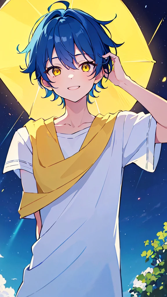 [(SUMMER night BACKGROUND:1.5),::5], ((((masterpiece)))), high quality, very_high_resolution, large_filesize, upper body, full color, ((Solo)), ((little boy)), 13 old year, men's short deepblue hair, vivid color, ((yellow eye)), Summer clothes white, animestyle, light smile