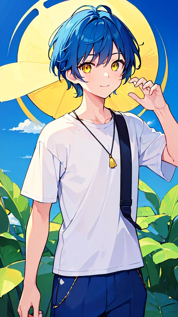 [(SUMMER night BACKGROUND:1.5),::5], ((((masterpiece)))), high quality, very_high_resolution, large_filesize, upper body, full color, ((Solo)), ((little boy)), 13 old year, men's short deepblue hair, vivid color, ((yellow eye)), Summer clothes white, animestyle, light smile