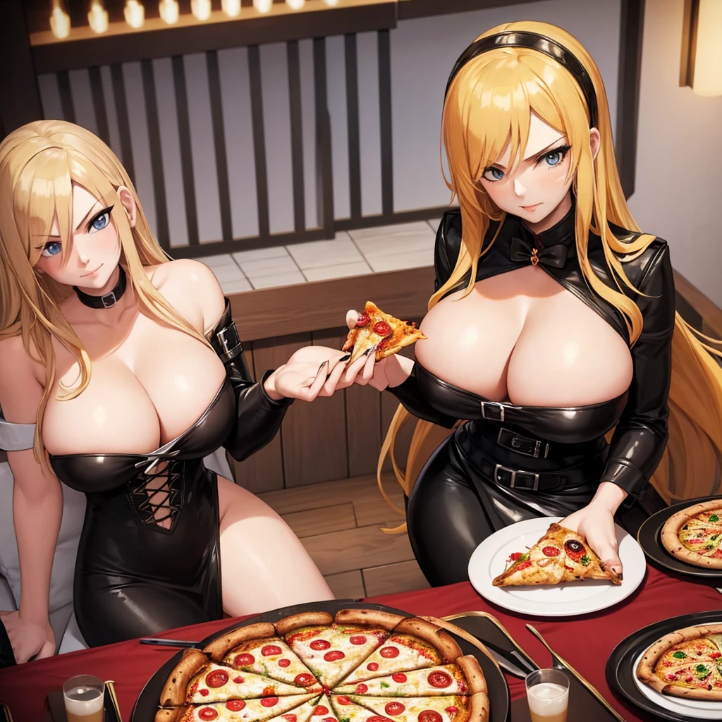 Your influencer character(sexy milf boobs) with long, blond hair sitting on a restaurant eating pizza. She is dressed in goth style. and has a lovely expression on her face. colourful and bright colouring.