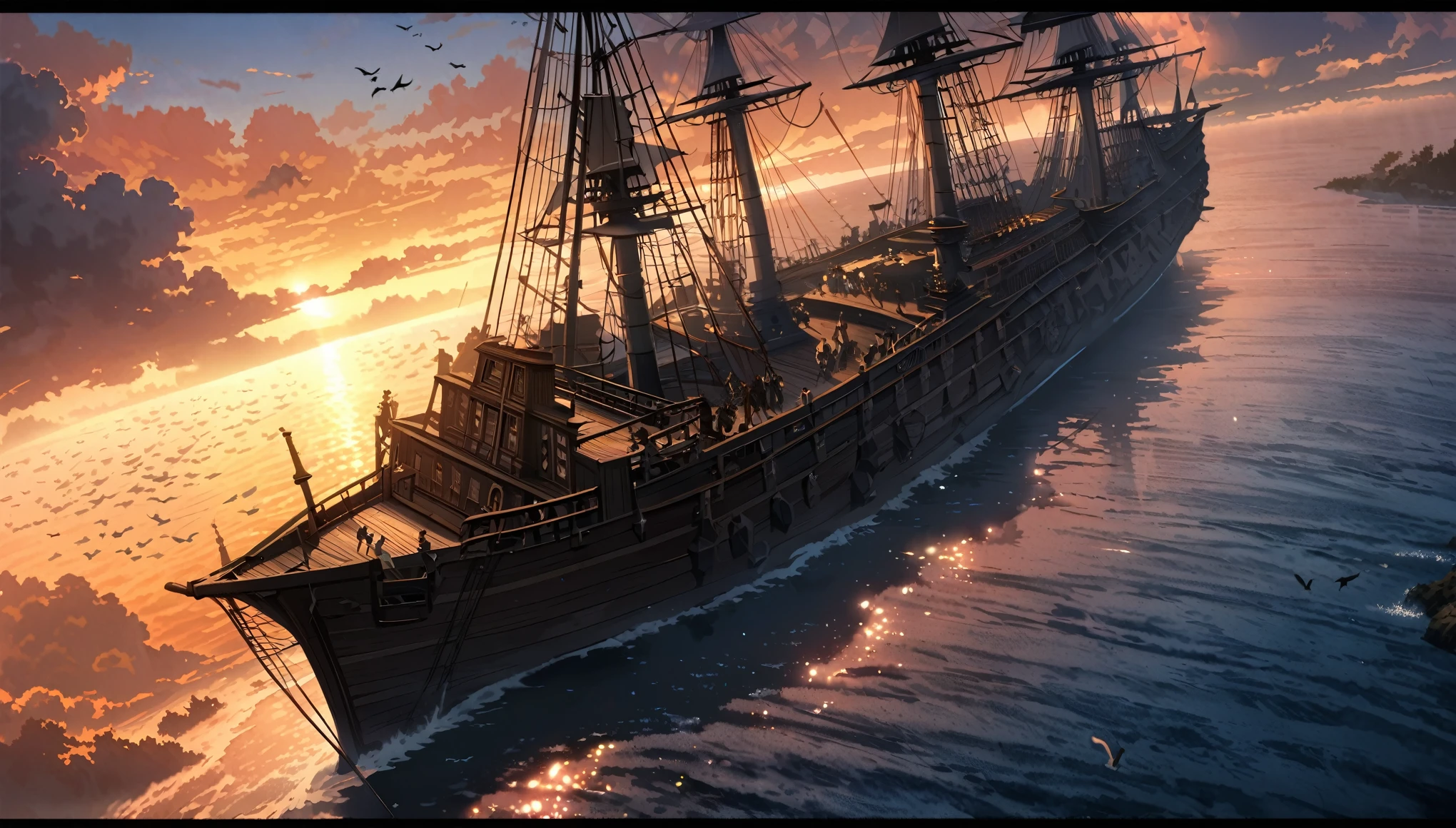 anime aestetics, anime scenery, view from the cliff next to the ocean, large sailing ship at the ocean, red and white sail, blue flag, made of dark brown trees, old ship, traidors ship, calm atmosphere, early mourning, a new dawn, majula, birds flying at the sky, a few orange clouds, little waves, peaceful view, wide shot, atmospheric perspective, perspective, 4K, high quality, best quality, super detail, masterpiece