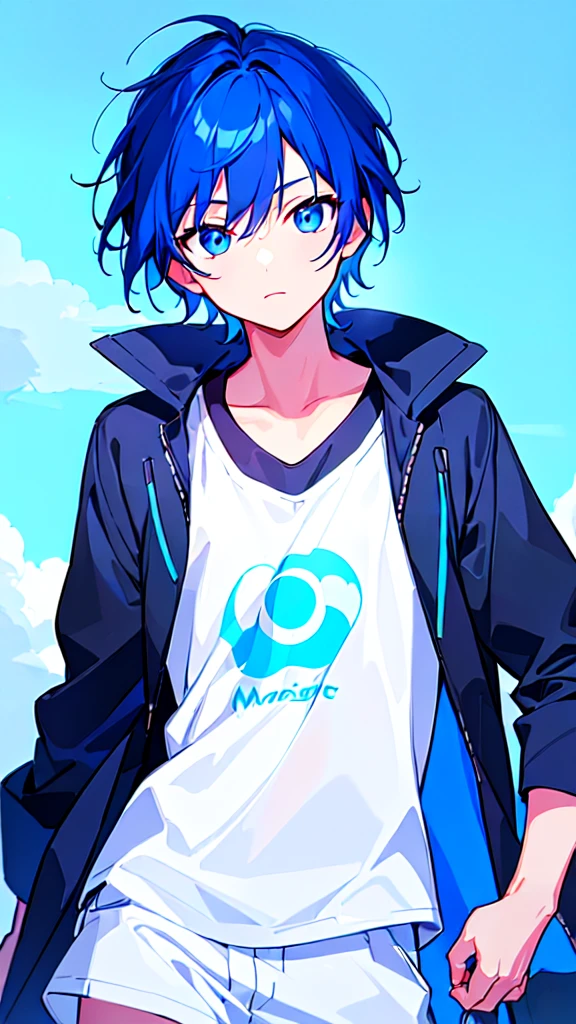 [(SKYBLUE BACKGROUND:1.5),::5], ((((masterpiece)))), high quality, ultra very high resolution, full color, (((solo))), (()), oriental deepBlue hair, (oriental deepblue eyes), anime, ((upper body)), Summer clothes, neon light, black parka, 