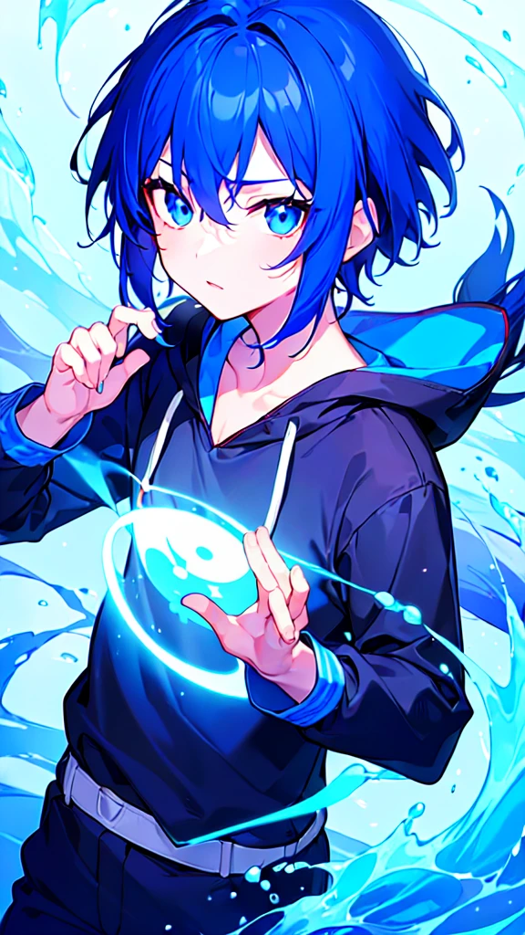 [(SKYBLUE BACKGROUND:1.5),::5], ((((masterpiece)))), high quality, ultra very high resolution, full color, (((solo))), ((little boy)), oriental deepBlue hair, (oriental deepblue eyes), anime, ((upper body)), Summer clothes, neon light, black parka, 