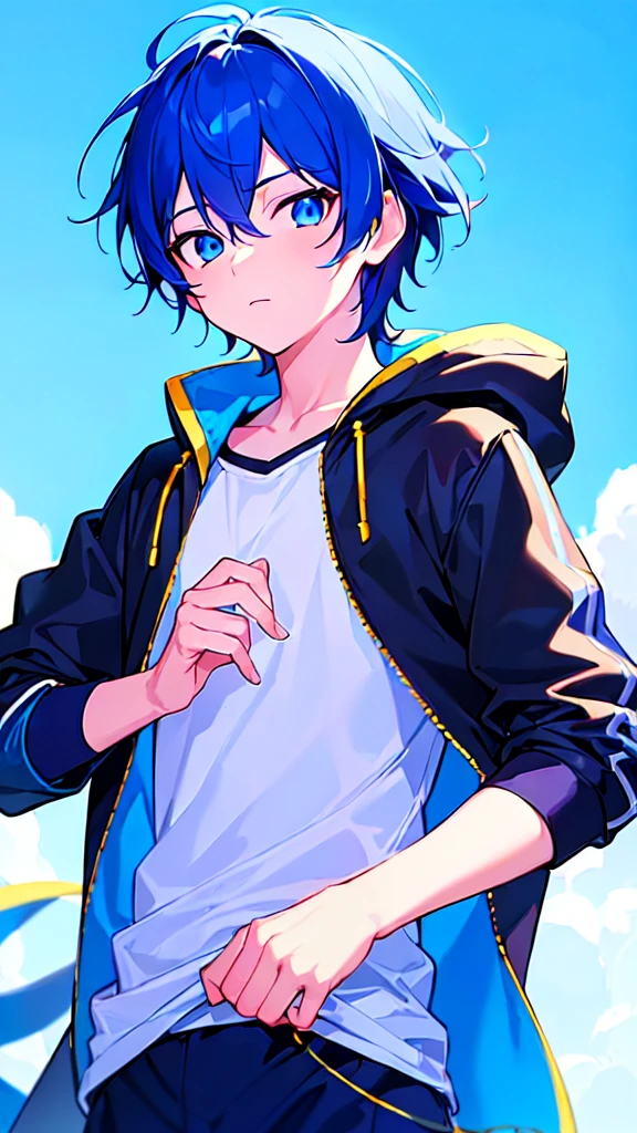 [(SKYBLUE BACKGROUND:1.5),::5], ((((masterpiece)))), high quality, ultra very high resolution, full color, (((solo))), ((little boy)), oriental deepBlue hair, (oriental deepblue eyes), anime, ((upper body)), Summer clothes, neon light, black parka, 