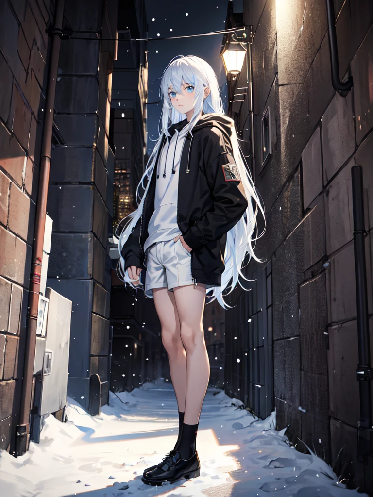 Young man,city,black Hoodie,Snow-white long hair,blue eyes, black thigh shorts,Night, dark alley, black shoes, white laces