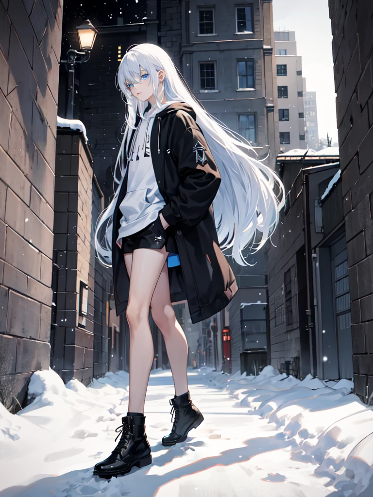 Young man,city,black Hoodie,Snow-white long hair,blue eyes, black thigh shorts,Night, dark alley, black shoes, white laces