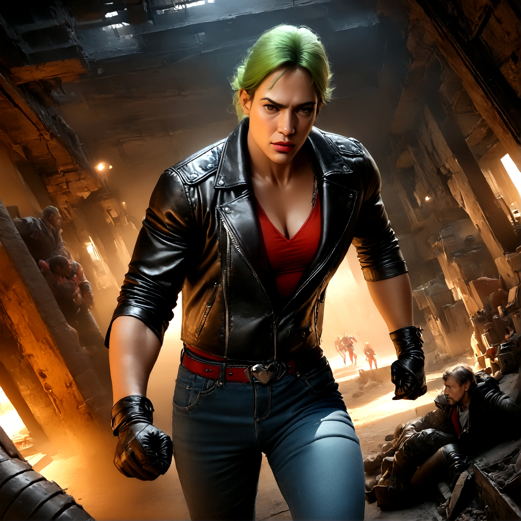 a muscular man with a gruff expression, wearing a leather jacket and jeans (Big Trouble in Little China movies Jack Burton), scolding a woman with vibrant green hair, red and black makeup, and a red and black costume (DC comics Harley Quinn), in a dark and gritty underground lair with high-tech equipment and machinery, dramatic lighting, cinematic angle, (best quality,4k,8k,highres,masterpiece:1.2),ultra-detailed,(realistic,photorealistic,photo-realistic:1.37),chiaroscuro lighting,moody atmosphere,dramatic composition,highly detailed background