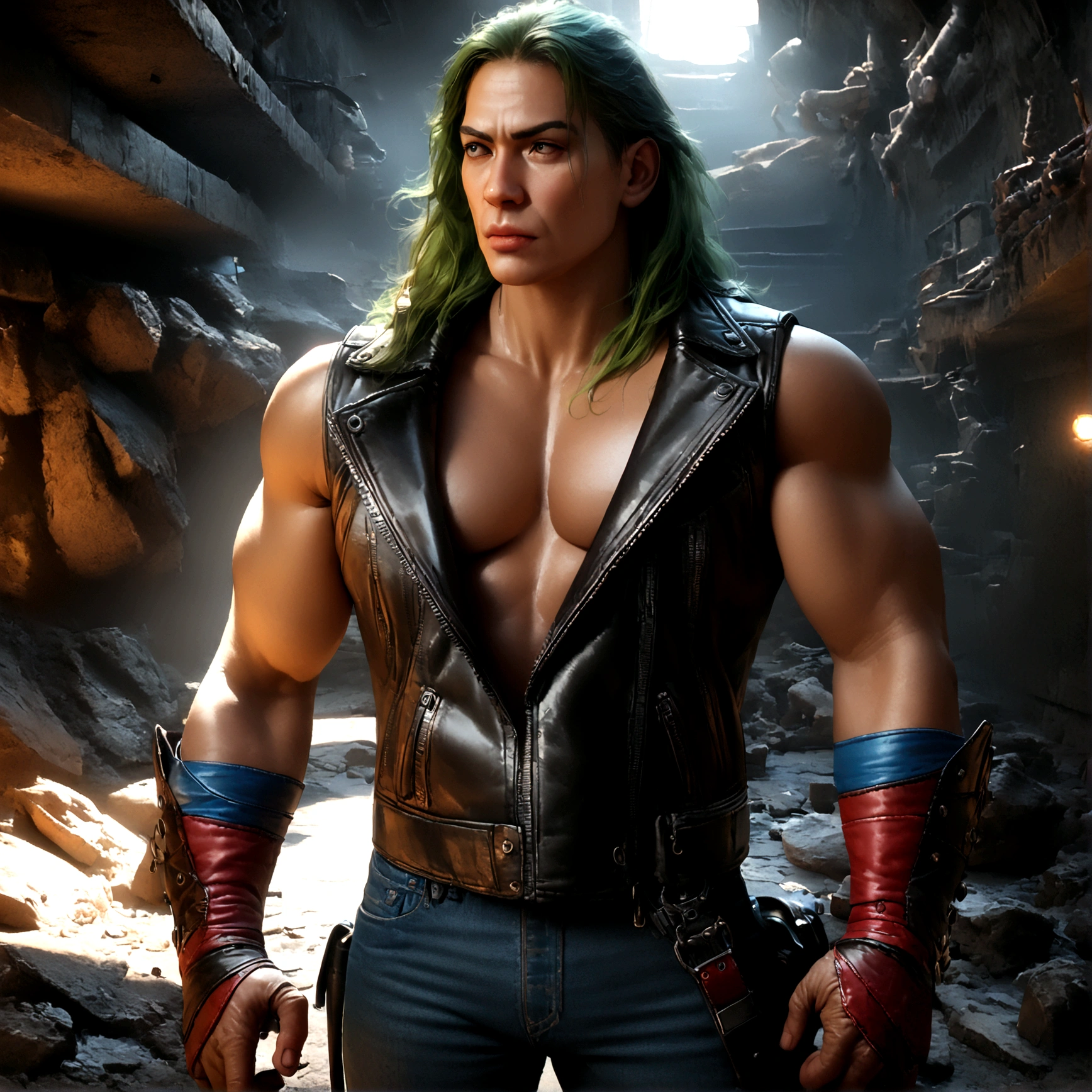 a muscular man with a gruff expression, wearing a leather jacket and jeans (Big Trouble in Little China movies Jack Burton), scolding a woman with vibrant green hair, red and black makeup, and a red and black costume (DC comics Harley Quinn), in a dark and gritty underground lair with high-tech equipment and machinery, dramatic lighting, cinematic angle, (best quality,4k,8k,highres,masterpiece:1.2),ultra-detailed,(realistic,photorealistic,photo-realistic:1.37),chiaroscuro lighting,moody atmosphere,dramatic composition,highly detailed background